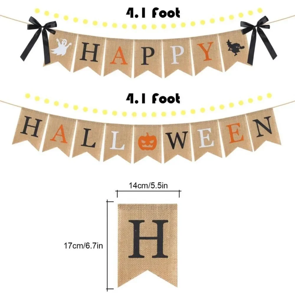 Happy Halloween Burlap Banner Pumpkin Witch Ghost Party Fall Autumn Decoration.